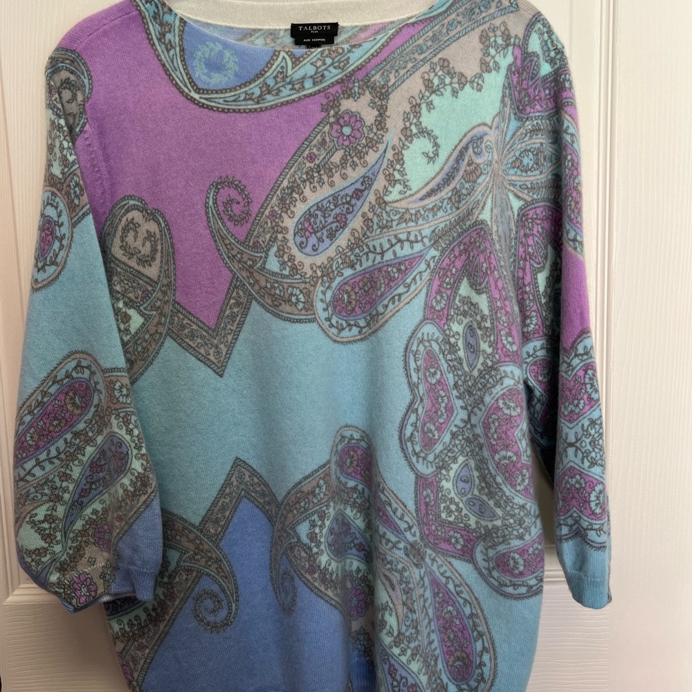 Talbots Cashmere Paisley Sweater in Lavender and Aqua